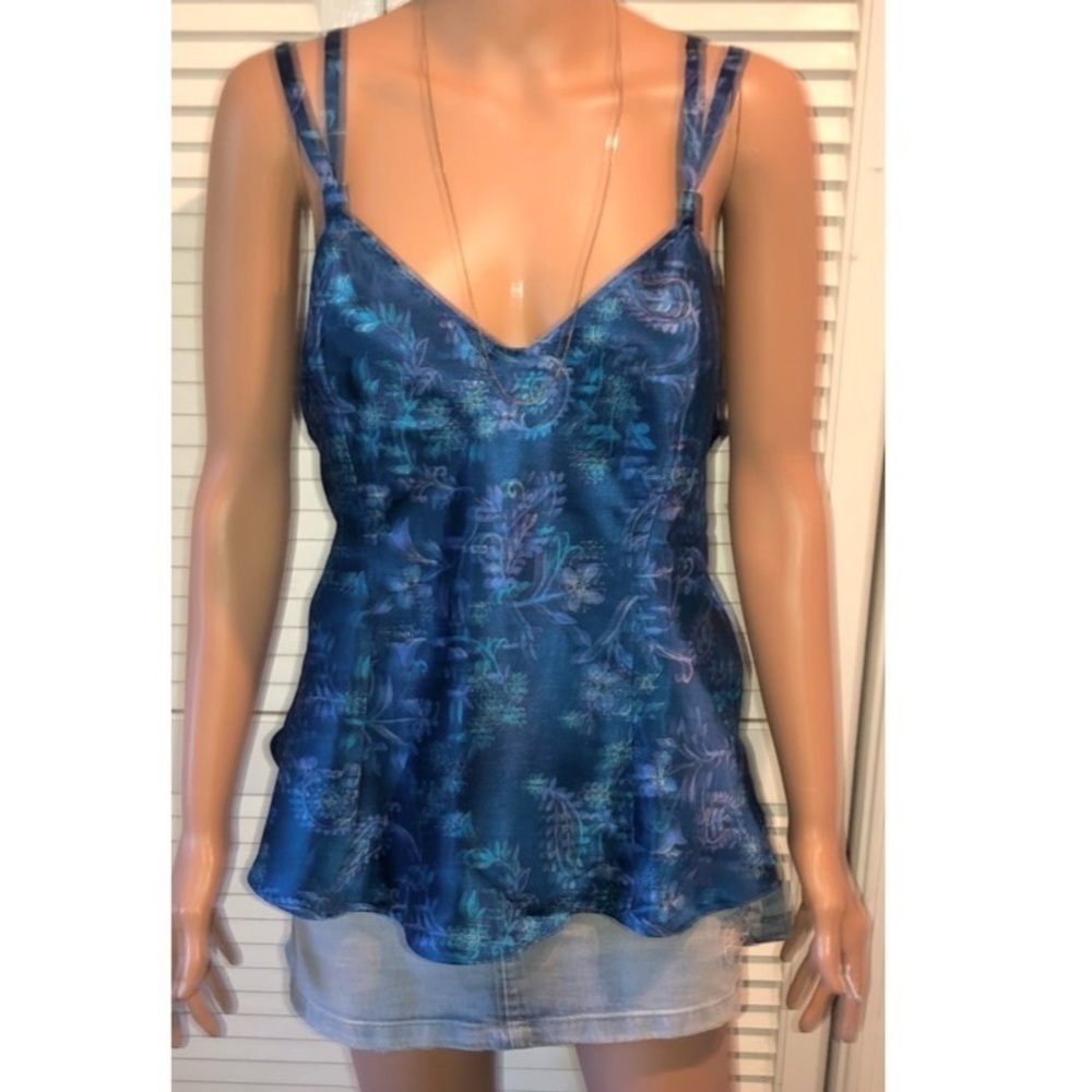 Janer Most Vintage Satin Blue Floral tank Blouse Large